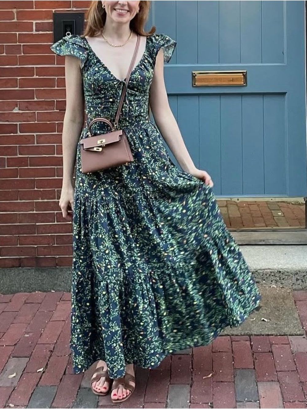 Hill House Navy Floral Maxi Dress with Green and Yellow Print
